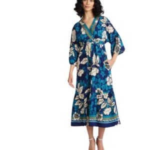 Sofia Jeans Womens Kimono Sleeve Midi Dress Blue Hawaiian Floral Pockets L New